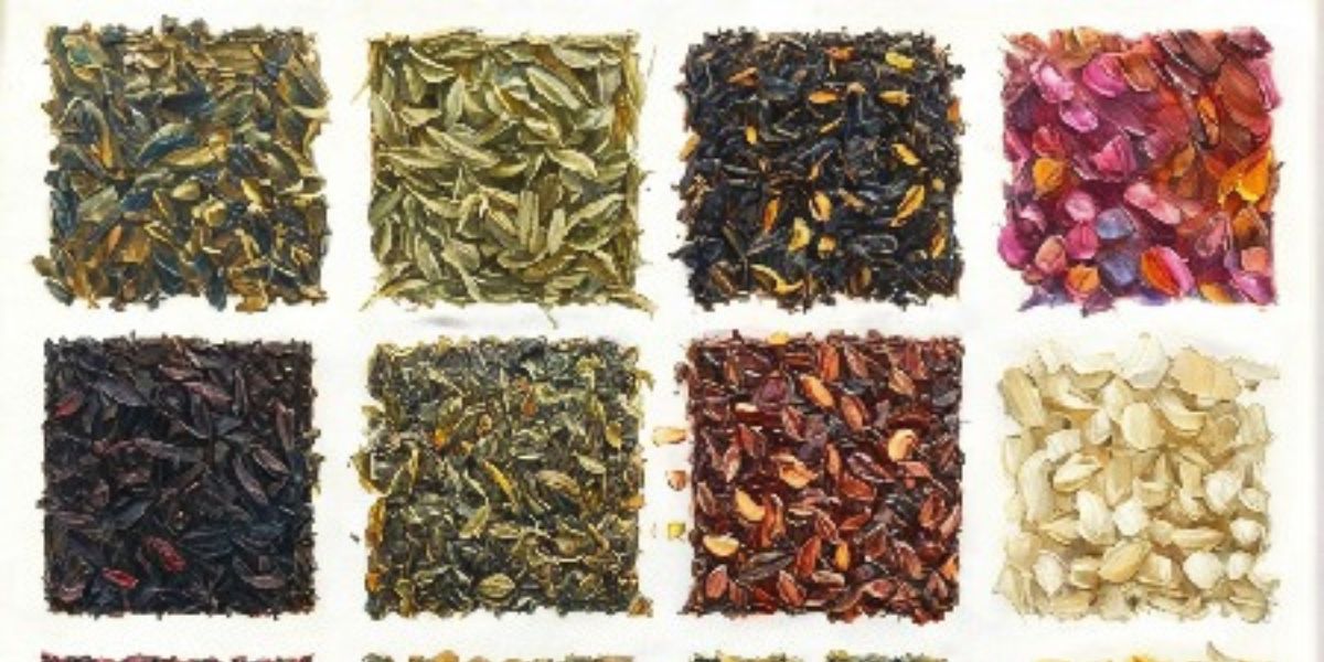 A variety of tea leaves and tea bags displayed together, showcasing the different types of tea available.